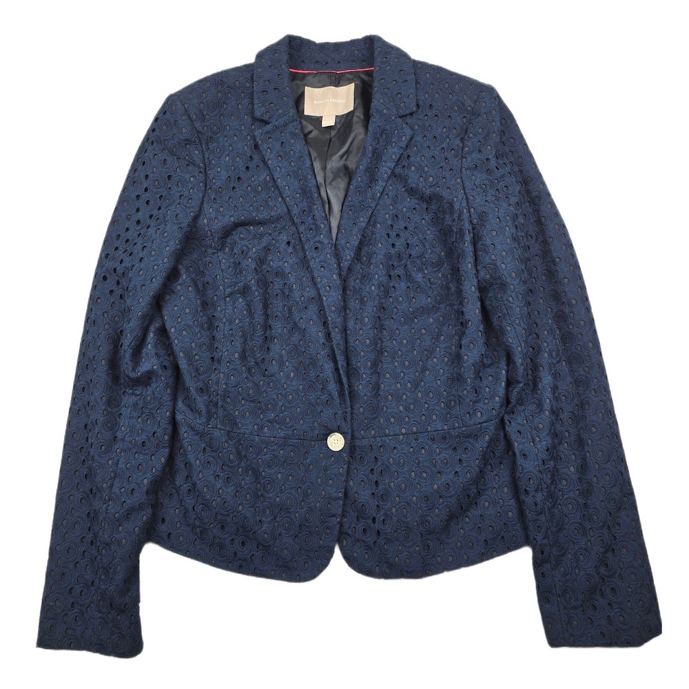 Banana Republic‎ Eyelet Lace Blazer Women 14 Navy Blue Cotton 1 Button Jacket